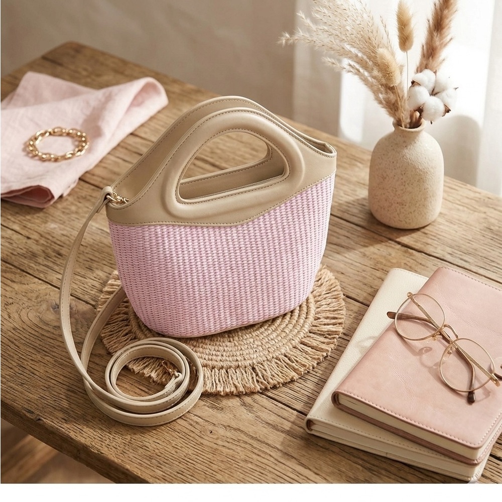 The Drop Mini Tote. Elegant light pink raffia  and Tan Women's Handbag